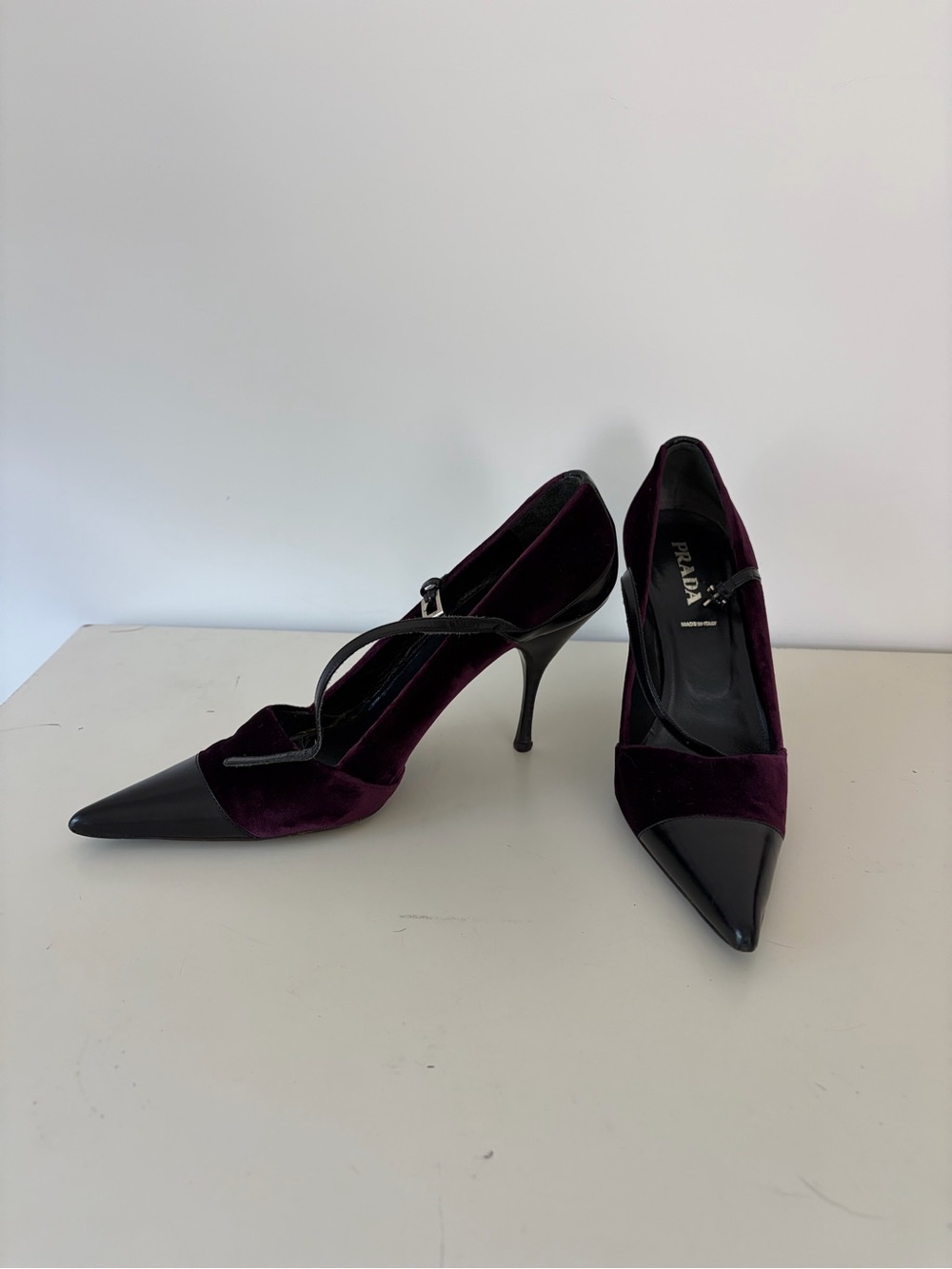 Prada Purple Velvet and Black Patent Leather Pointed Pumps
